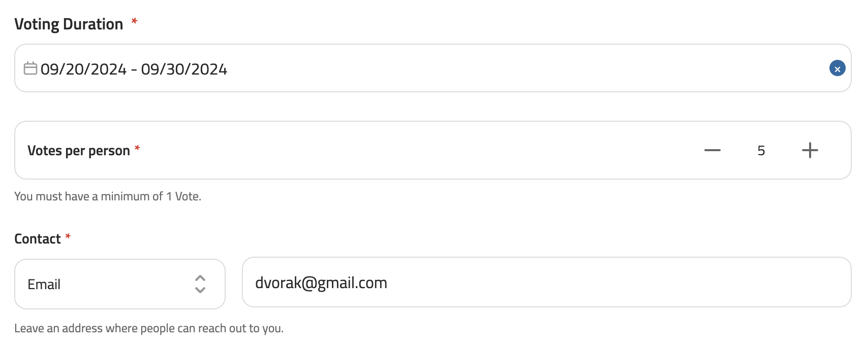 Voting duration, number of votes per person, and contact.